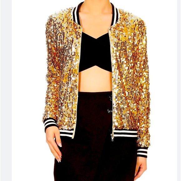 GOLD SEQUENCE DAZZLING BOMBER JACKEY by Anna Kaci. Front Zipper Closure. - Picture 1 of 14